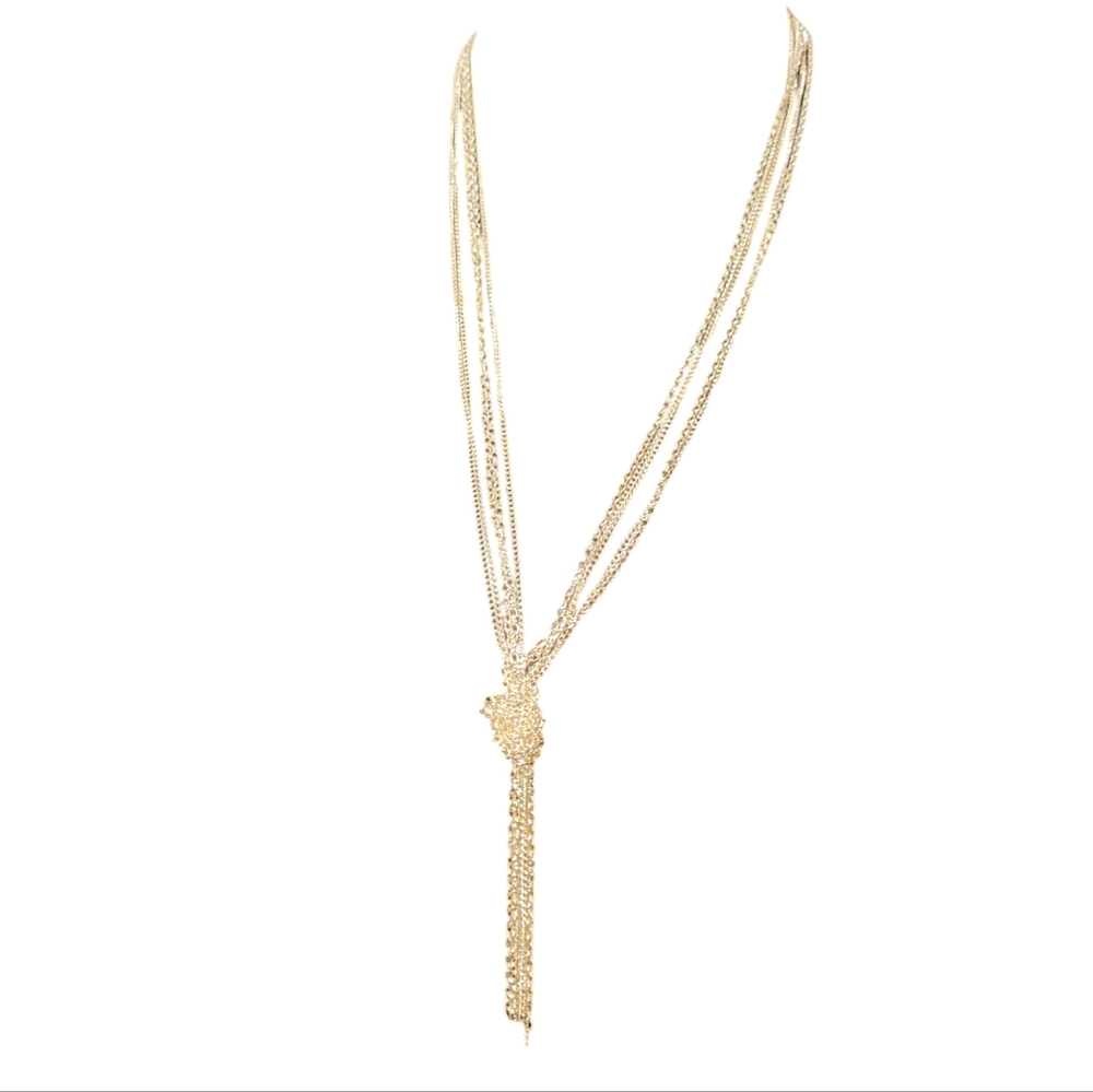 Gold plated long chain layered necklace with knot and tassel